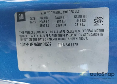 2016 Chevrolet Camaro 2Ss из США, поврежденный, VIN 1G1FH1R76G0150562